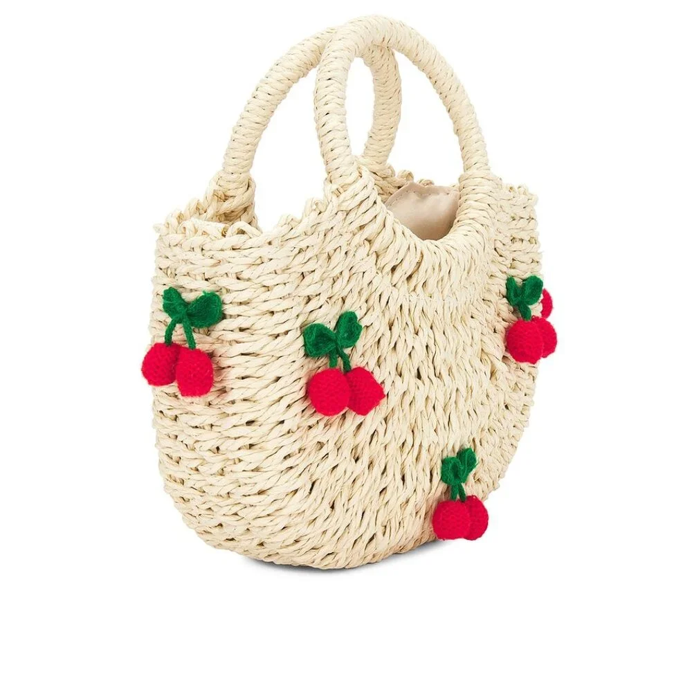 NWT Cute CHERRIES Straw bag with shoulder Strap - Picture 4 of 8